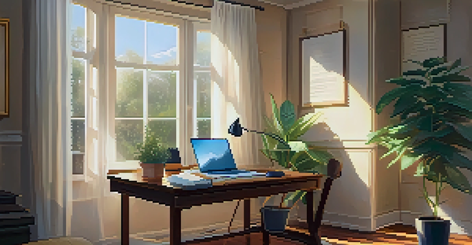 A peaceful study scene with a wooden desk, an open textbook, a laptop, and a cup of coffee, bathed in soft sunlight.