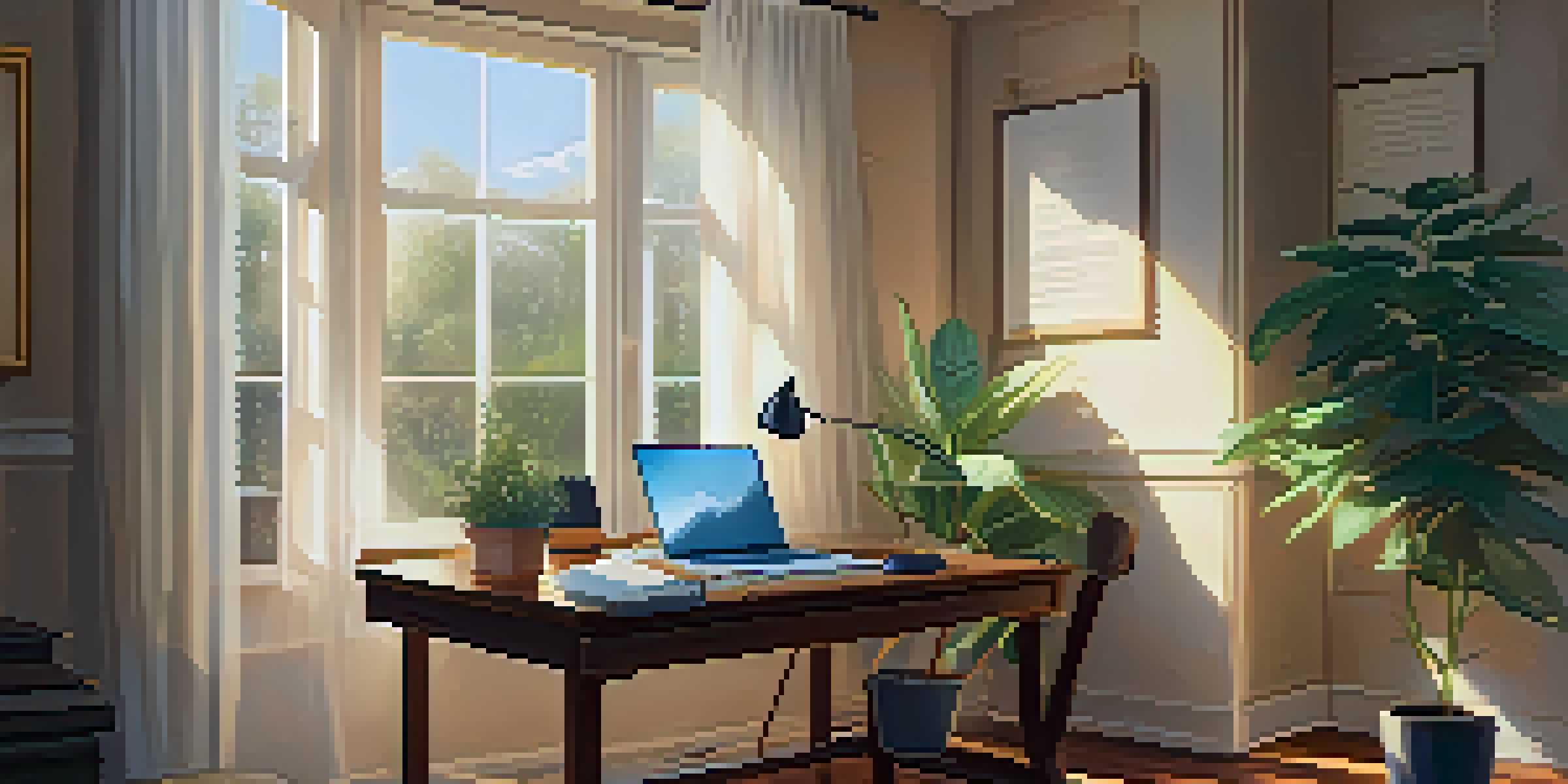 A peaceful study scene with a wooden desk, an open textbook, a laptop, and a cup of coffee, bathed in soft sunlight.