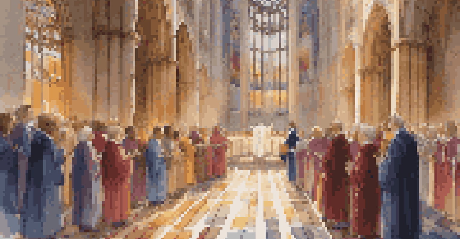 A diverse choir performing in a grand cathedral, illuminated by sunlight through stained glass windows.
