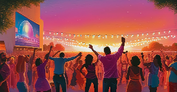 A lively outdoor concert at sunset with a diverse crowd dancing and singing, colorful stage lights, and a band performing.