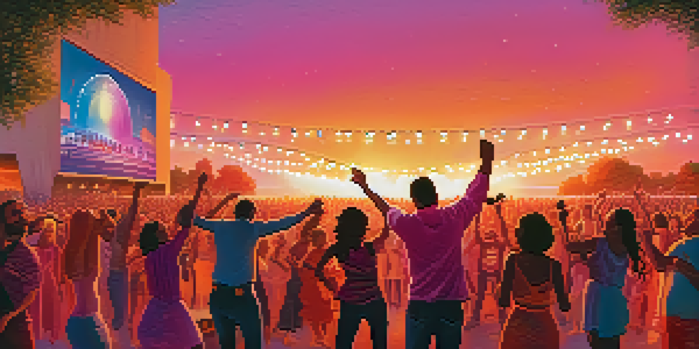 A lively outdoor concert at sunset with a diverse crowd dancing and singing, colorful stage lights, and a band performing.