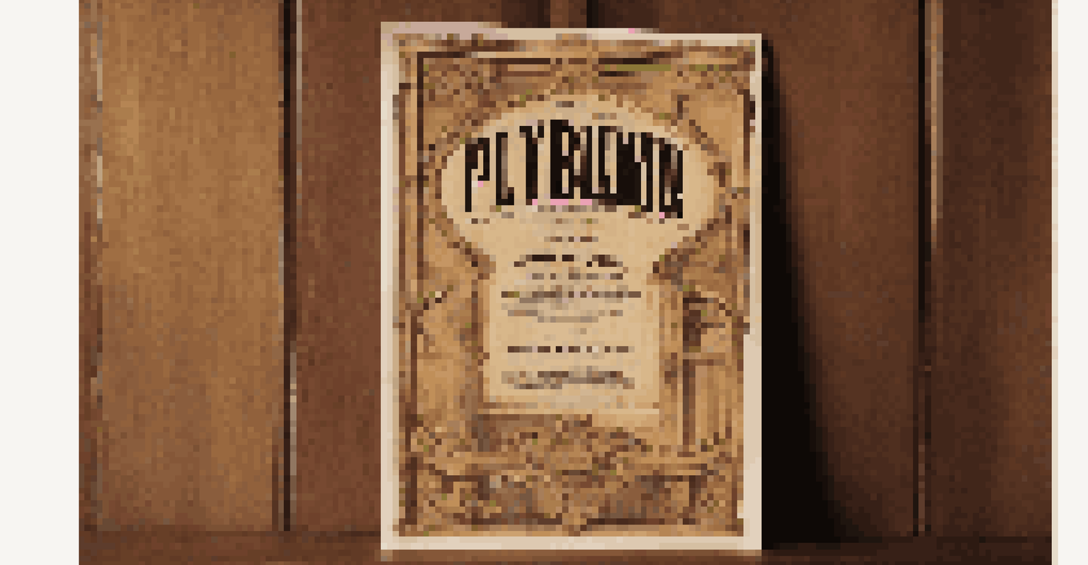A close-up of a vintage 19th-century playbill on a wooden table under soft natural light.
