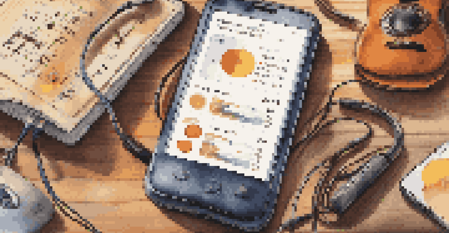 A close-up of a smartphone showing a music streaming app with playlists and statistics, surrounded by musical instruments on a wooden table.