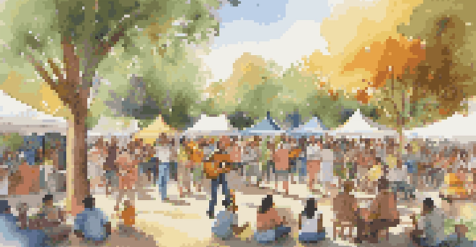 A lively outdoor community event with diverse people enjoying a music performance and dancing in a sunny park.