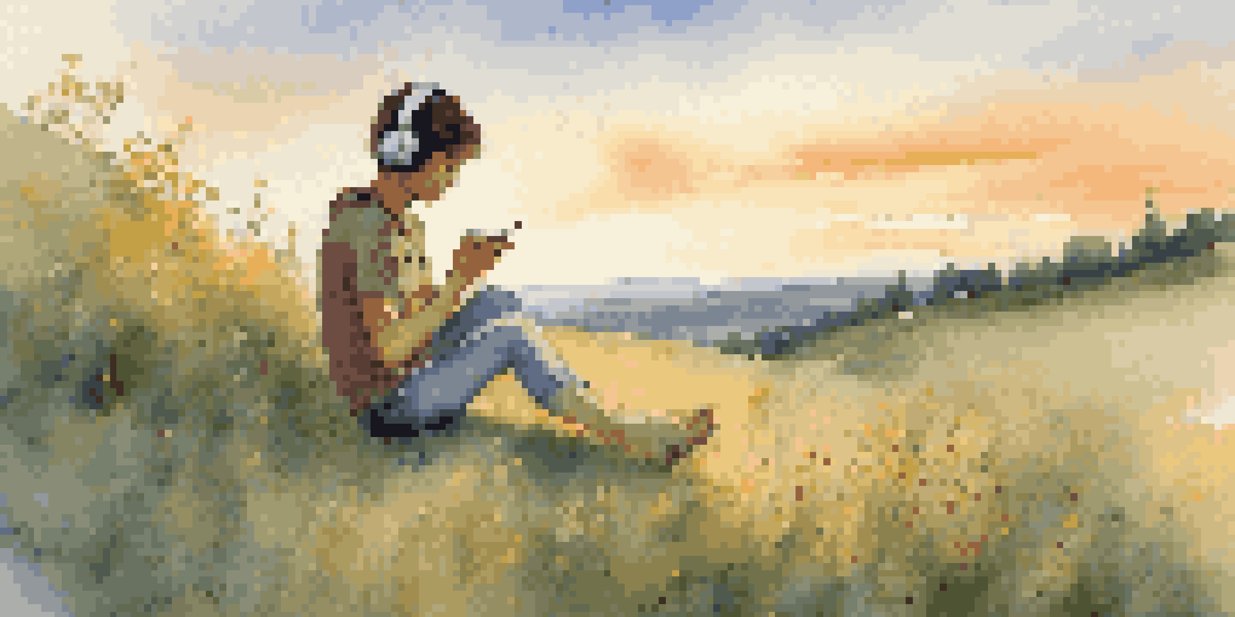 A young person sitting on a hill covered with wildflowers, wearing headphones and looking peaceful while listening to music as the sun sets.