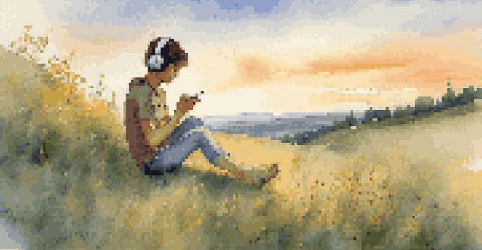A young person sitting on a hill covered with wildflowers, wearing headphones and looking peaceful while listening to music as the sun sets.