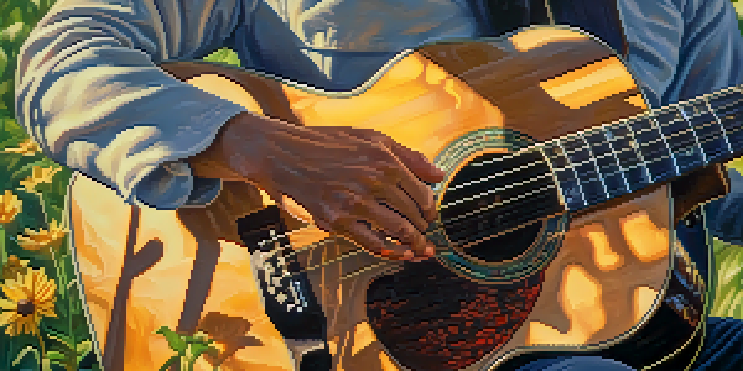 A close-up of a guitarist's hands playing an acoustic guitar in a sunlit park, with nature in the background.