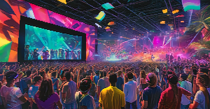 A group of fans experiencing a virtual reality concert, wearing headsets and surrounded by colorful lights and holographic visuals.