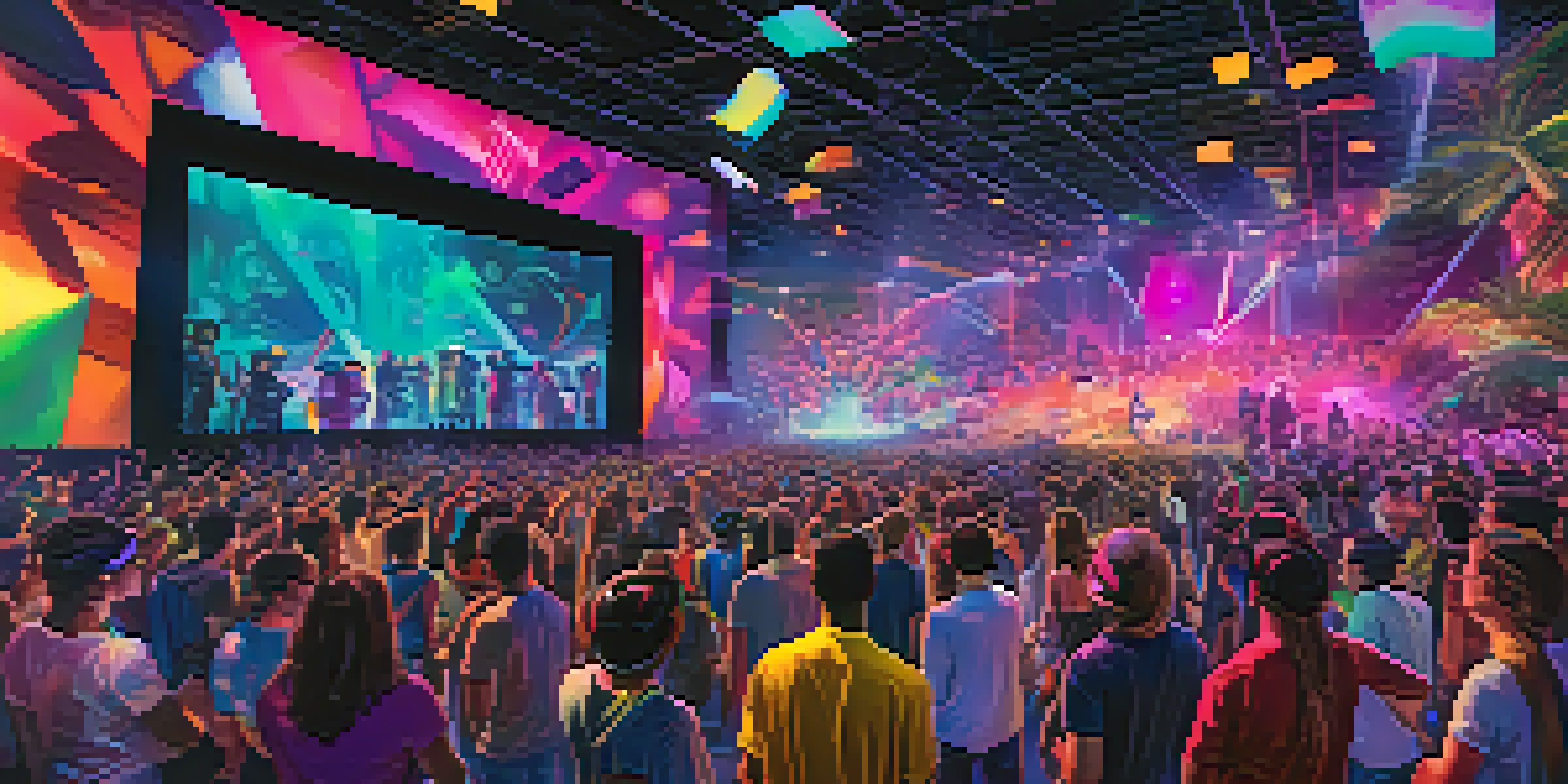 A group of fans experiencing a virtual reality concert, wearing headsets and surrounded by colorful lights and holographic visuals.