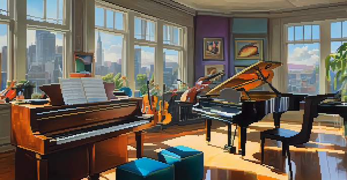 A musician in a modern music studio surrounded by instruments, with colorful sound waveforms representing creativity.