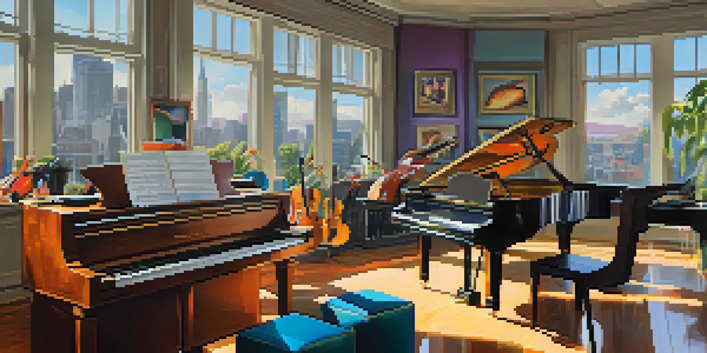 A musician in a modern music studio surrounded by instruments, with colorful sound waveforms representing creativity.