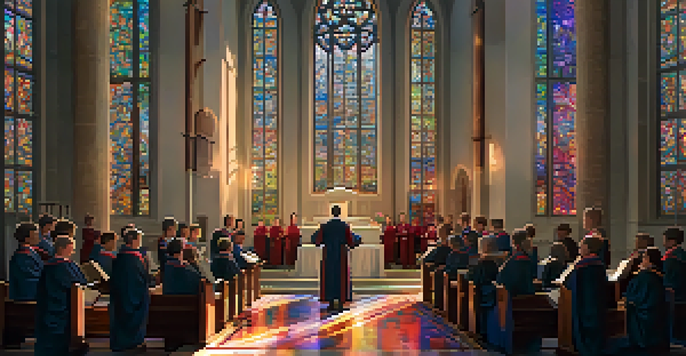 A choir singing in a church with stained glass windows, creating an atmosphere of reverence.