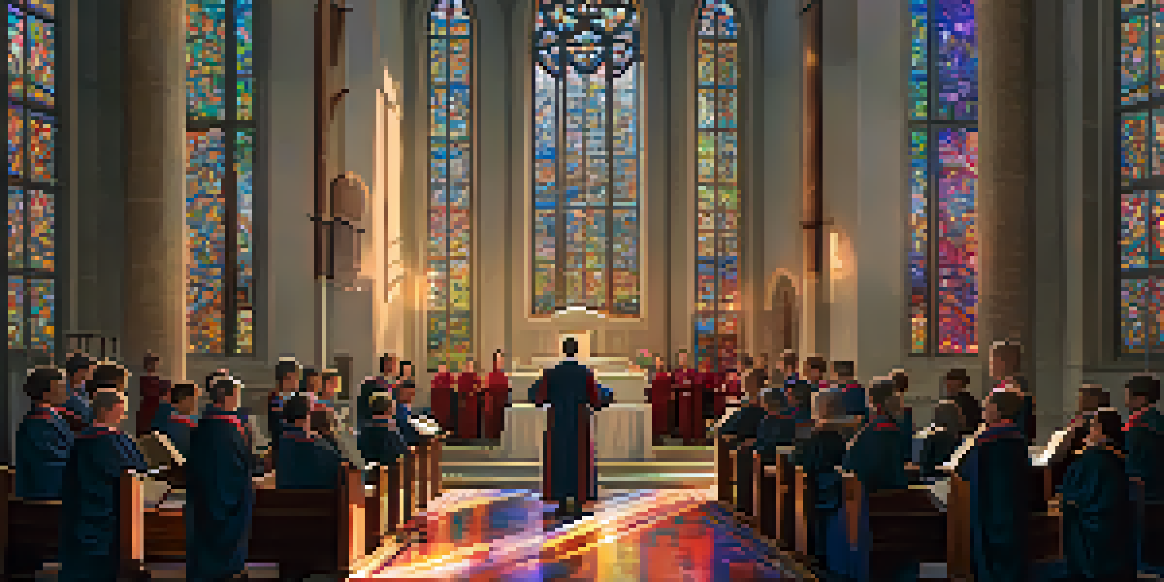 A choir singing in a church with stained glass windows, creating an atmosphere of reverence.