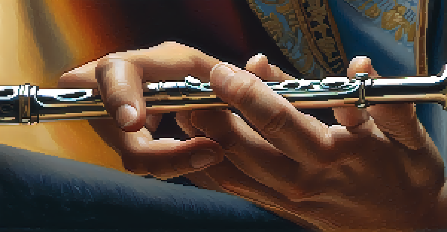 A musician's hands playing a flute, capturing the intricate details of the instrument in soft, warm lighting.