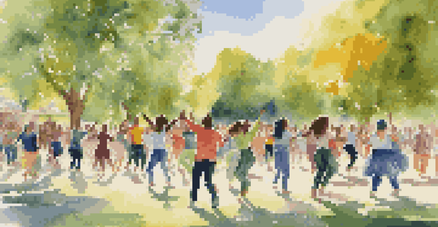 A diverse group of people dancing joyfully in a sunny park during an outdoor dance class.