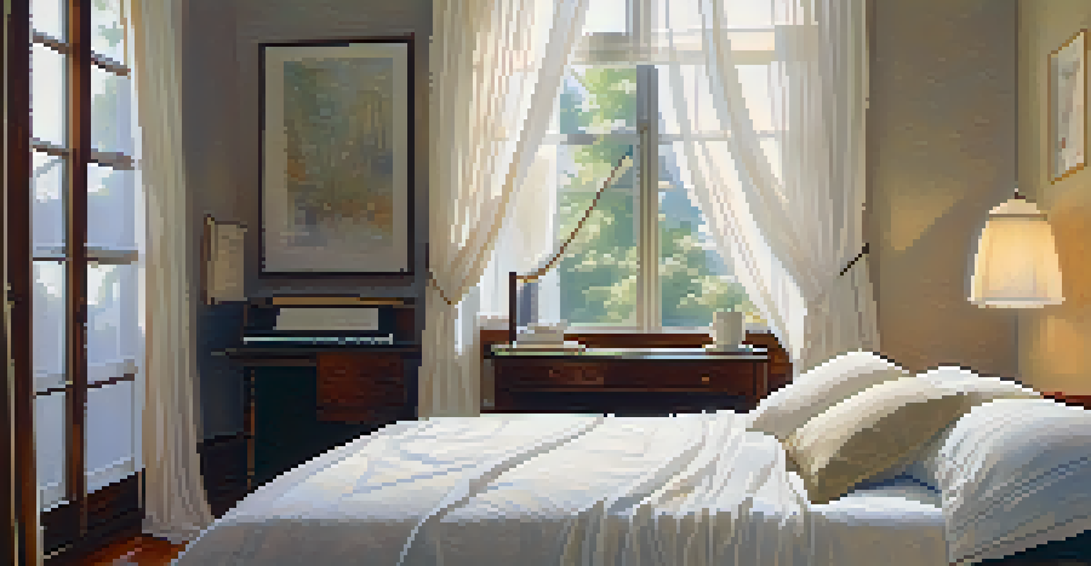 A peaceful bedroom with a made bed, a softly glowing bedside lamp, and an open journal on the table, inviting moments of reflection and music listening.
