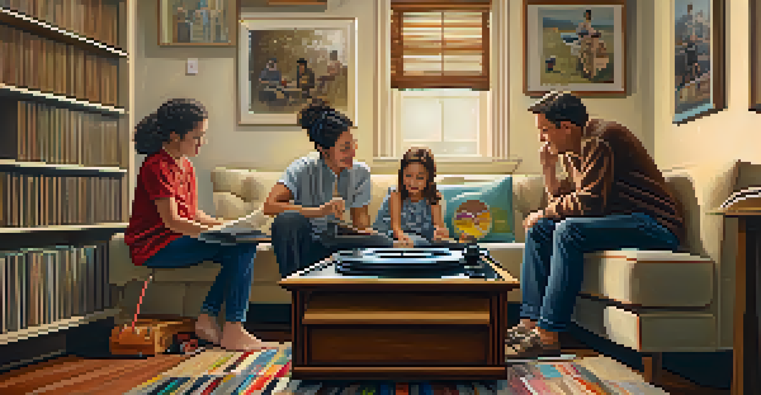A family enjoying music from a record player in a cozy room, with warm lighting and nostalgic expressions, surrounded by cultural memorabilia.