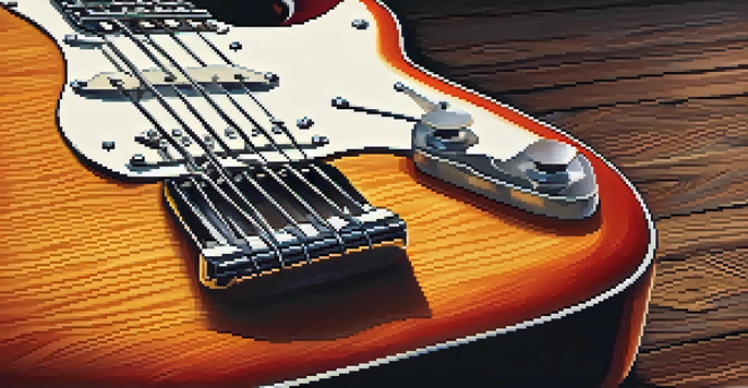 A close-up of a vintage electric guitar against a brick wall, with soft lighting reflecting off its surface.