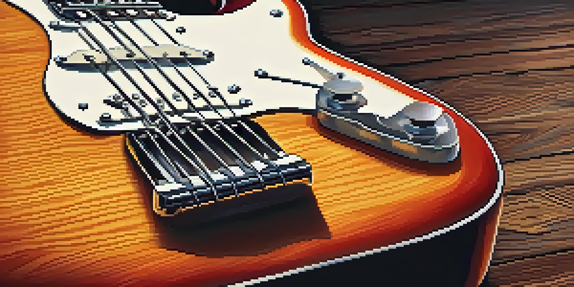 A close-up of a vintage electric guitar against a brick wall, with soft lighting reflecting off its surface.