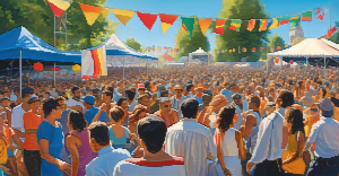 A lively music festival with diverse attendees, colorful banners, and artists performing on stage under a clear blue sky.