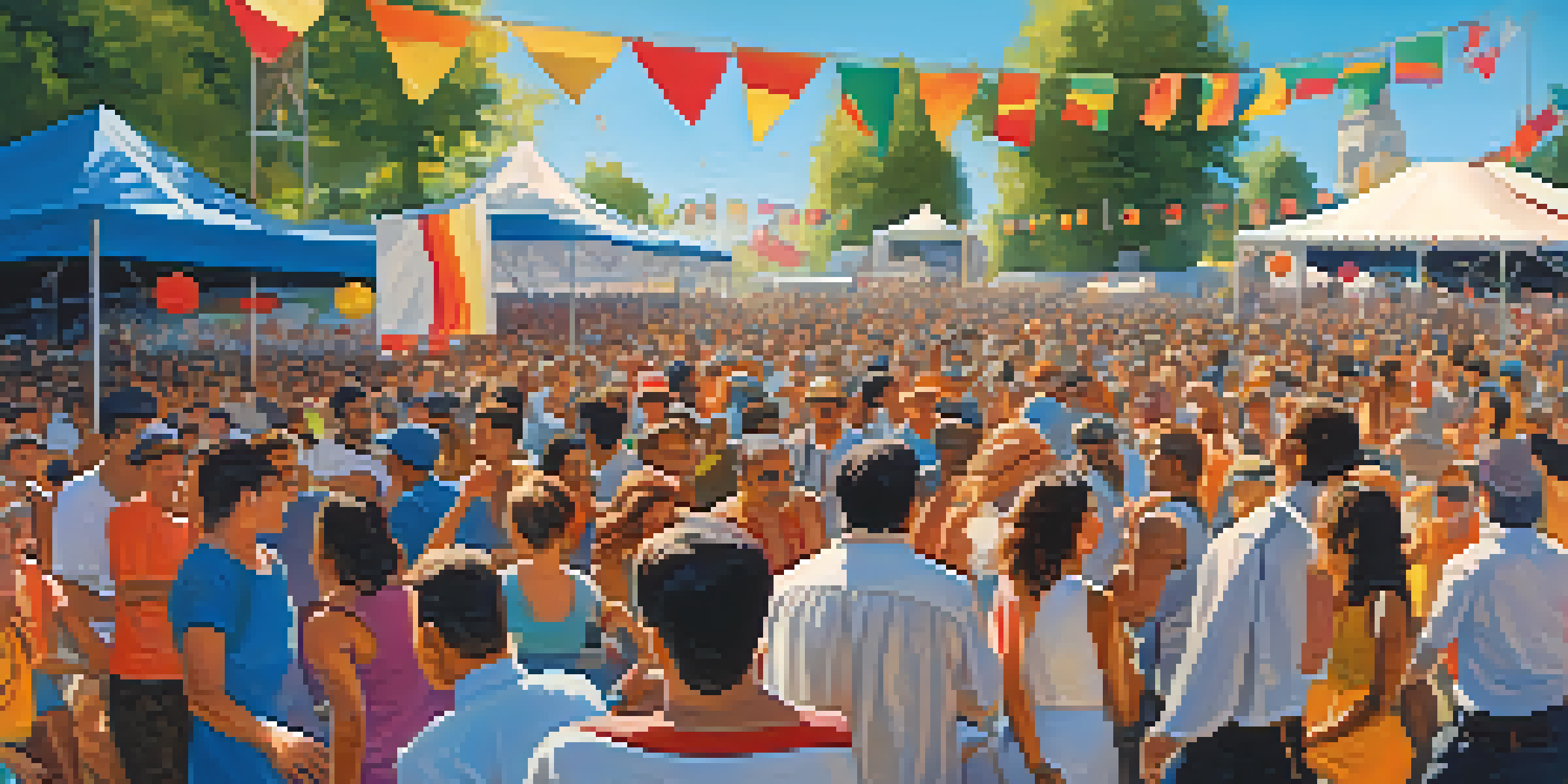 A lively music festival with diverse attendees, colorful banners, and artists performing on stage under a clear blue sky.