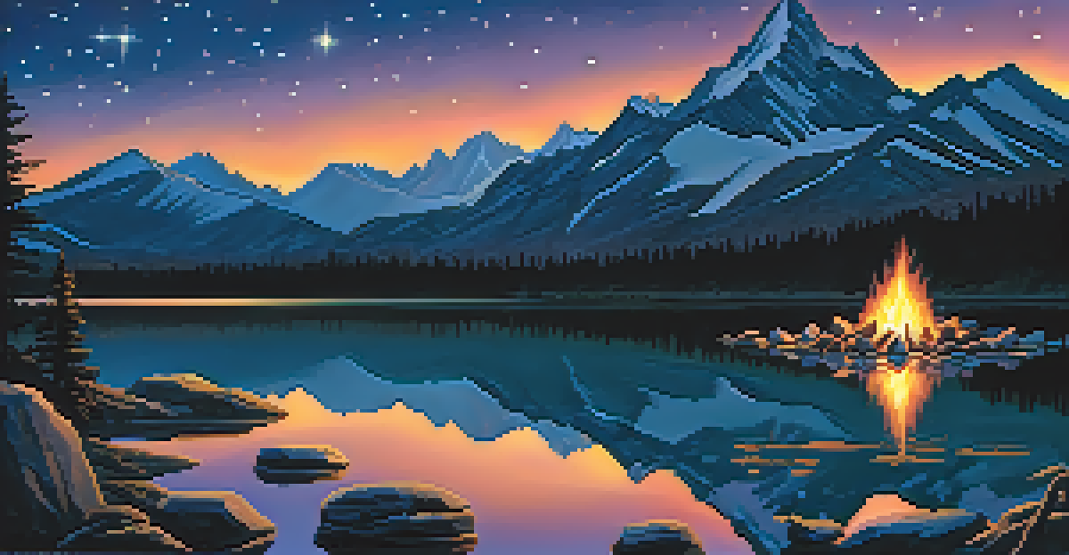 A stunning twilight mountain landscape with a starry sky, a reflective lake, and a glowing campfire in the foreground.