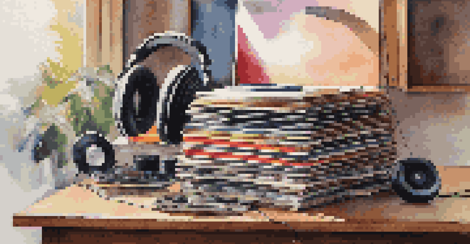 A stack of colorful vinyl records on a wooden table, with headphones beside them, all illuminated by natural light.