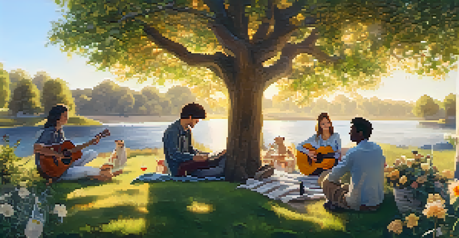 A musician playing an acoustic guitar under a tree, with friends sitting nearby on a picnic blanket enjoying the music.