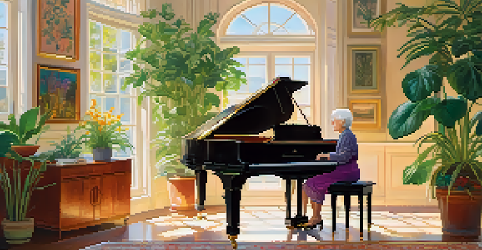 An elderly woman playing a grand piano in a sunny room with plants and artwork, looking happy and engaged.