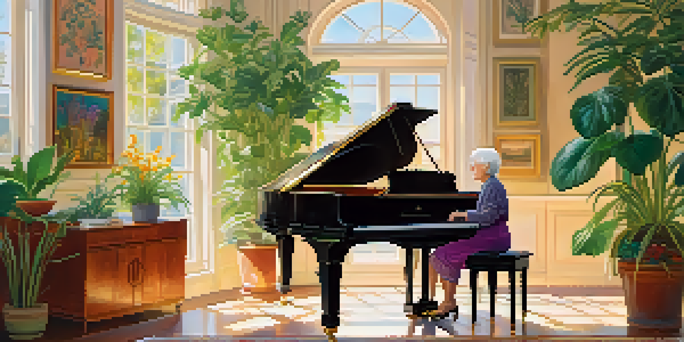 An elderly woman playing a grand piano in a sunny room with plants and artwork, looking happy and engaged.