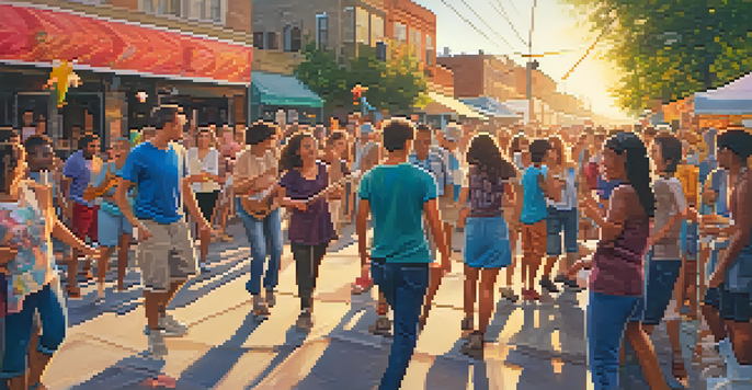 A lively street festival with a diverse crowd dancing, colorful banners, and musical instruments, illuminated by a warm sunset.