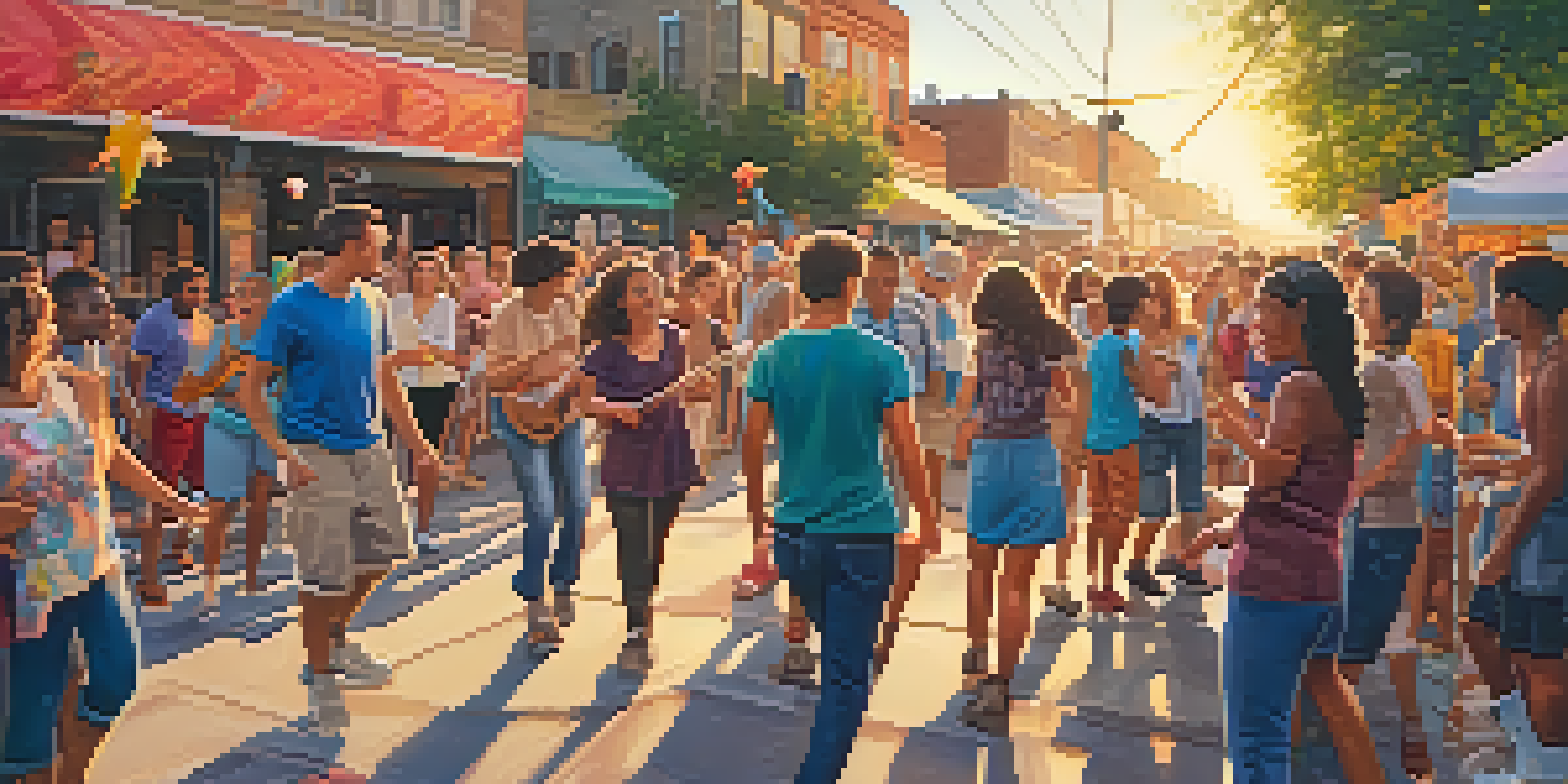 A lively street festival with a diverse crowd dancing, colorful banners, and musical instruments, illuminated by a warm sunset.