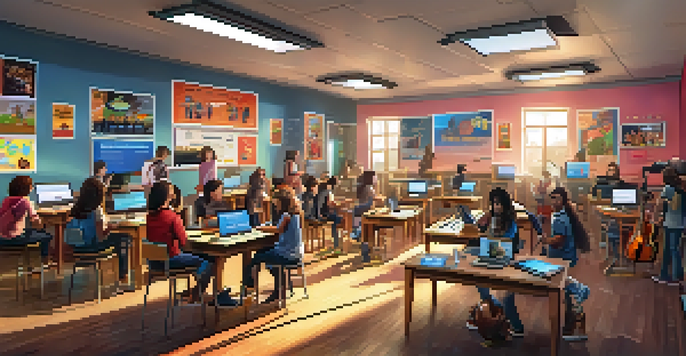 A vibrant classroom where students are learning music through digital means, with screens, instruments, and technology.