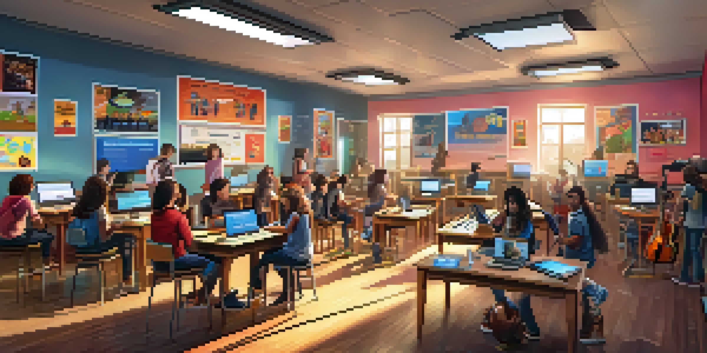 A vibrant classroom where students are learning music through digital means, with screens, instruments, and technology.
