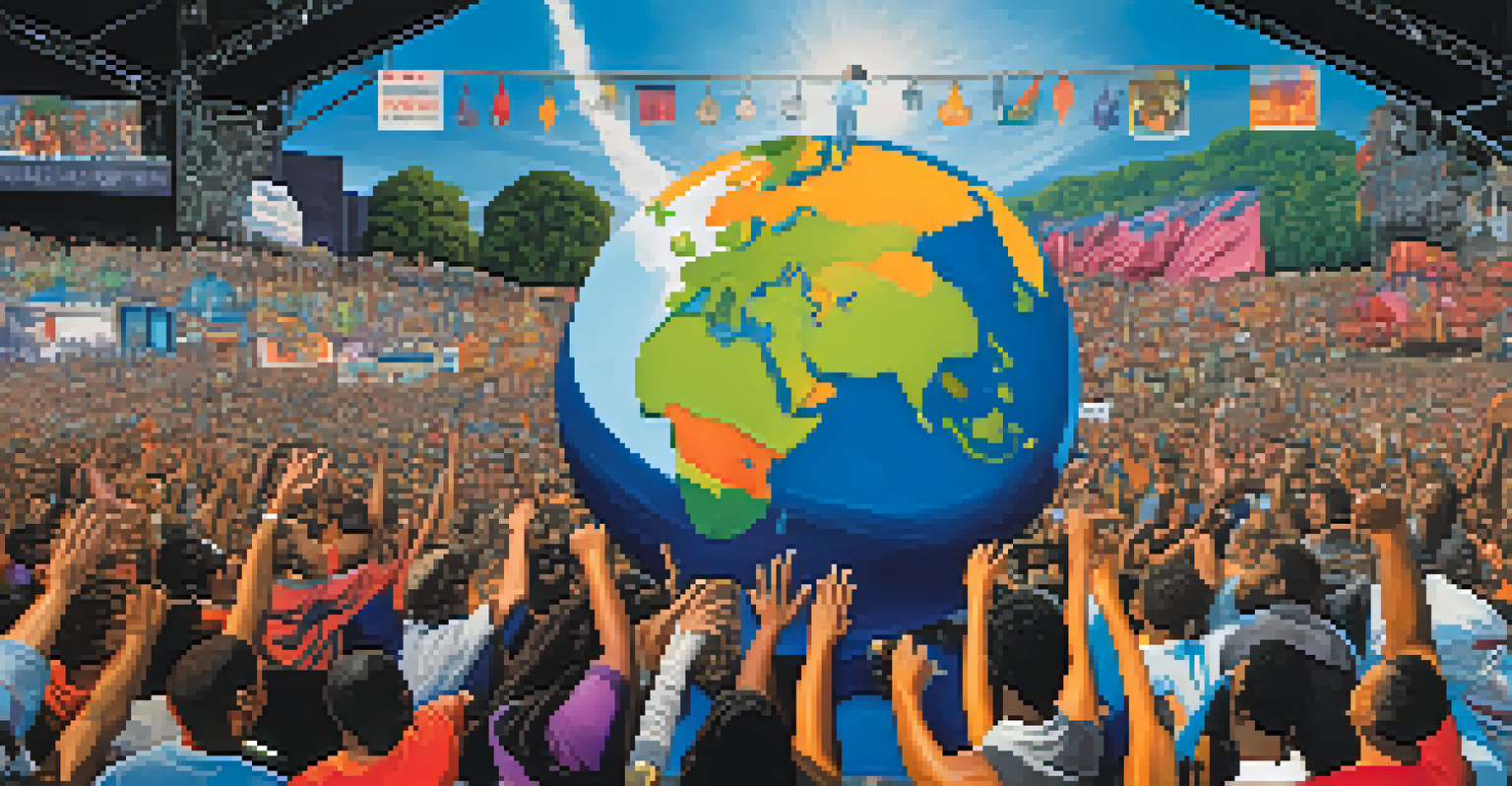 Musicians on stage at a festival, surrounded by powerful visuals representing social causes like climate change and racial equality.