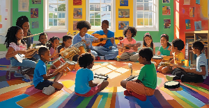 A diverse group of children playing musical instruments together in a colorful classroom, showcasing joy and collaboration.