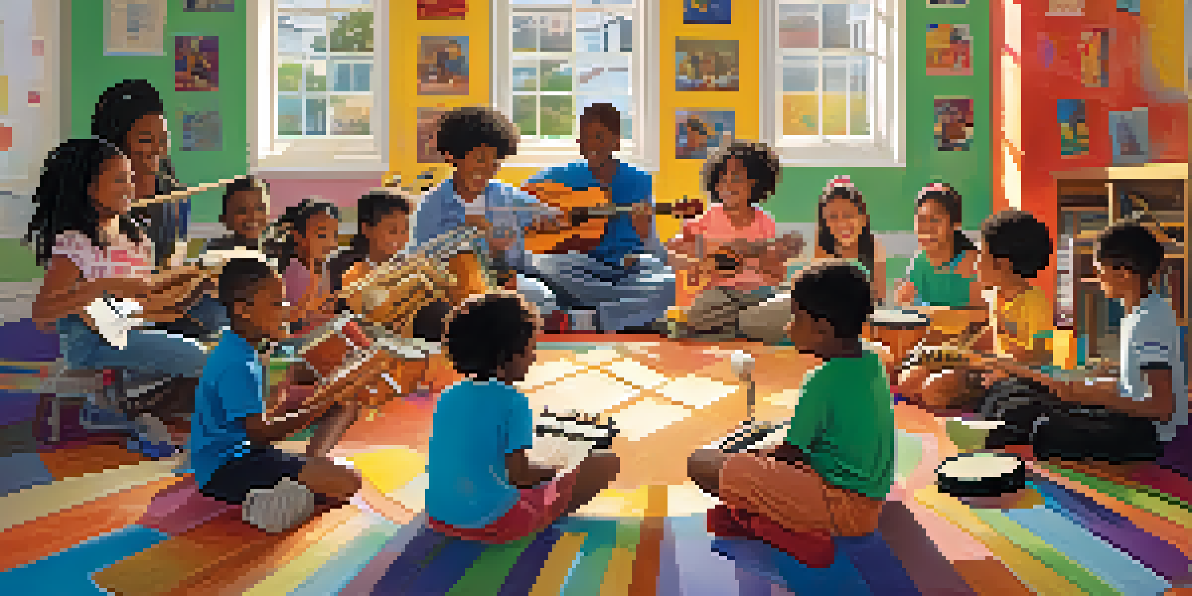 A diverse group of children playing musical instruments together in a colorful classroom, showcasing joy and collaboration.