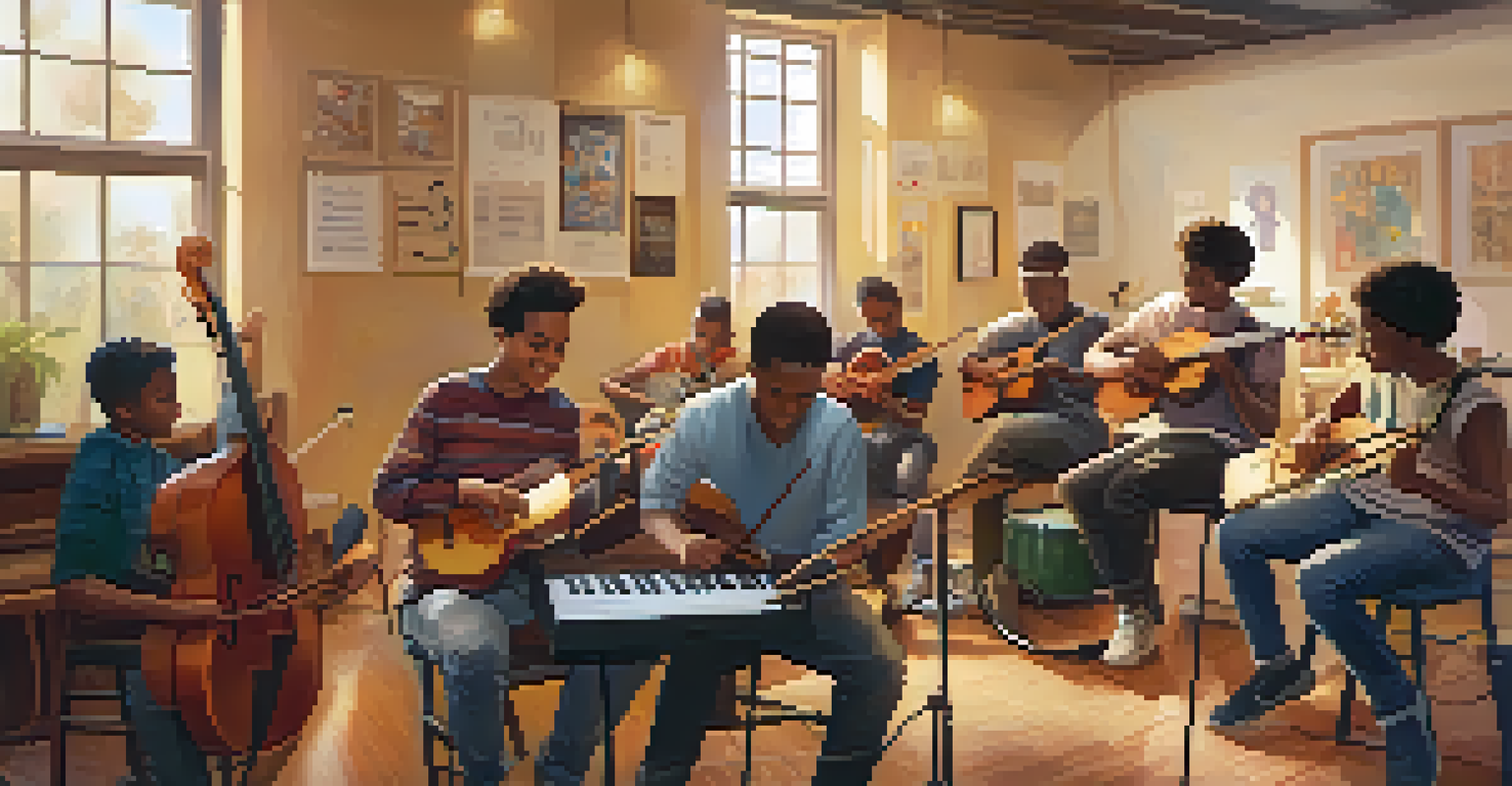 A warm and inviting music workshop at a community center with young people learning instruments and collaborating together.