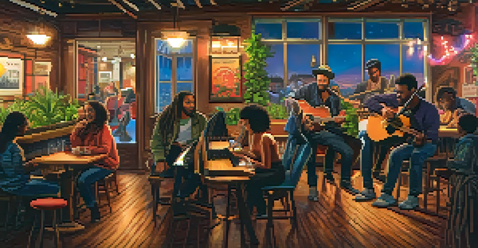 A diverse group of musicians performing in a cozy cafe, with colorful lights and an enthusiastic audience enjoying the live music.