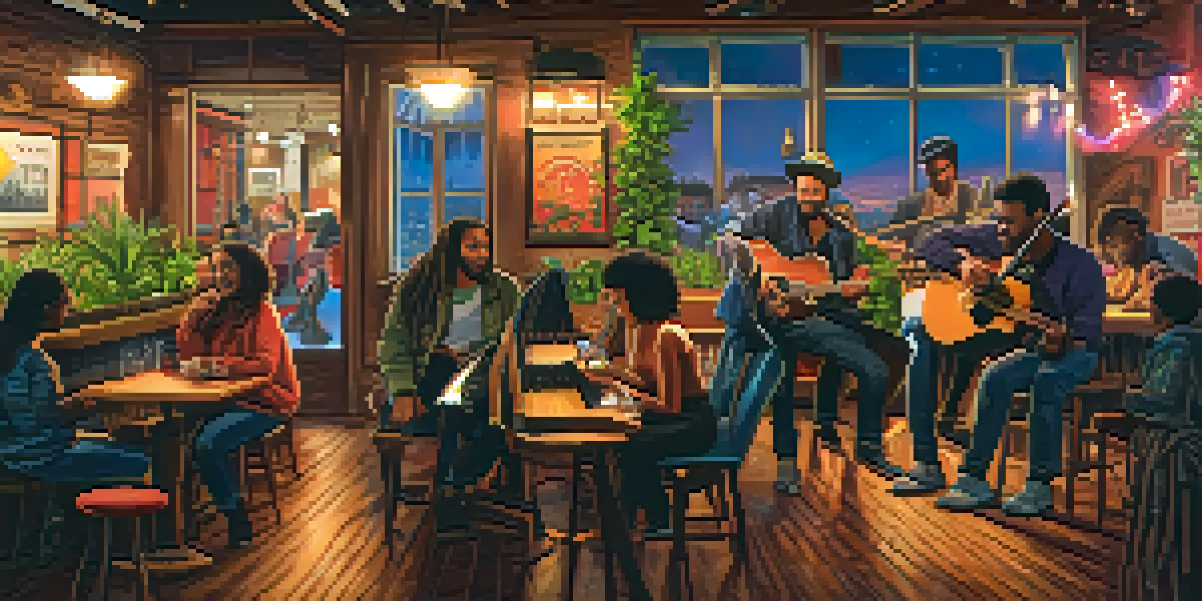 A diverse group of musicians performing in a cozy cafe, with colorful lights and an enthusiastic audience enjoying the live music.