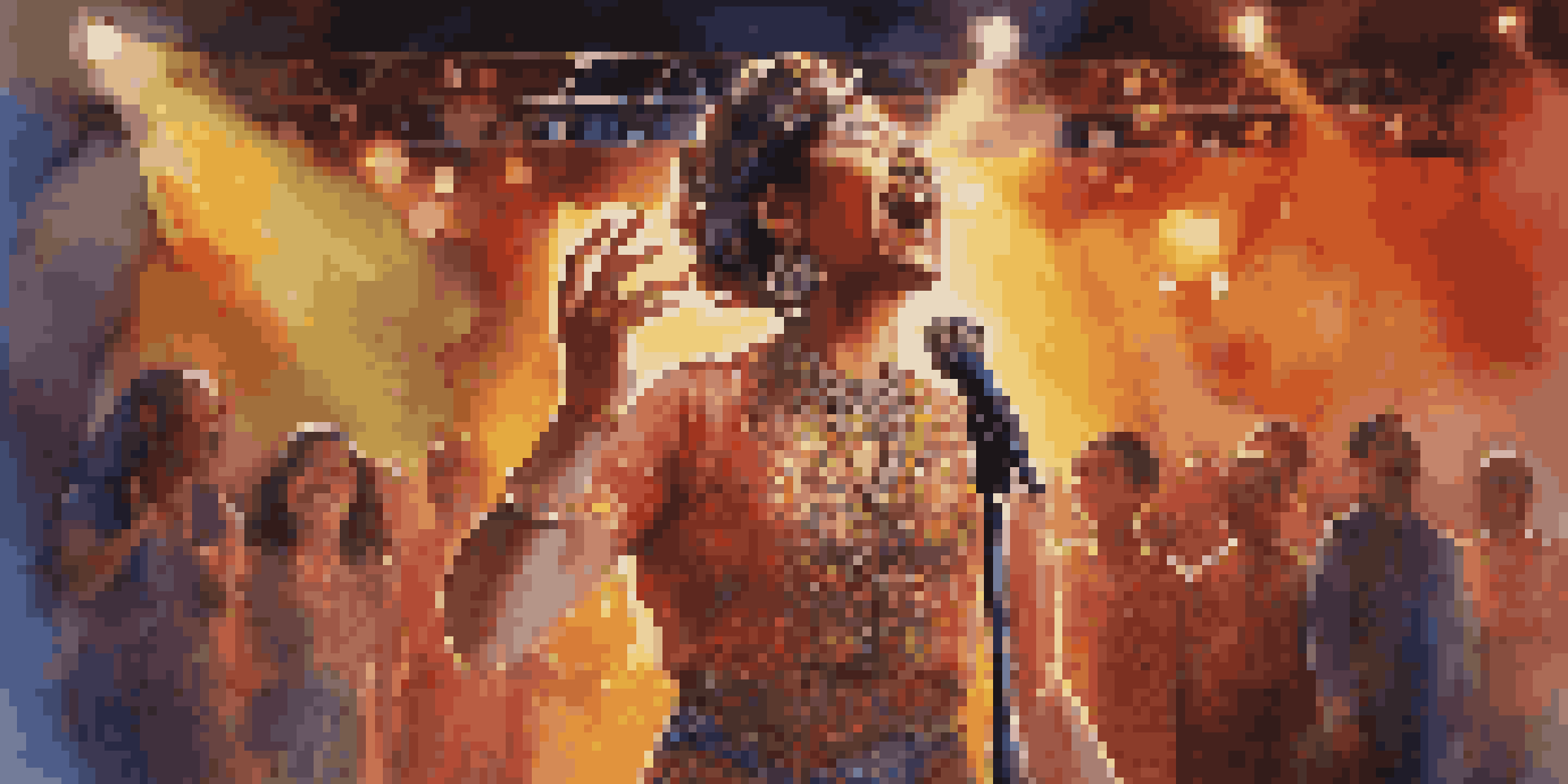 A passionate singer performing on stage with colorful lights and an engaged audience.