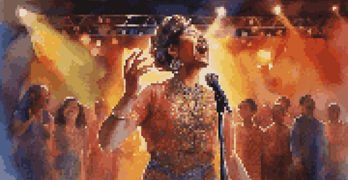 A passionate singer performing on stage with colorful lights and an engaged audience.