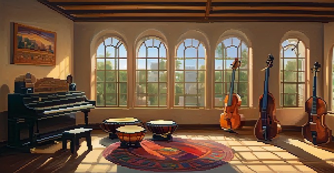 A colorful music studio displaying traditional instruments from different cultures, illuminated by soft lighting.