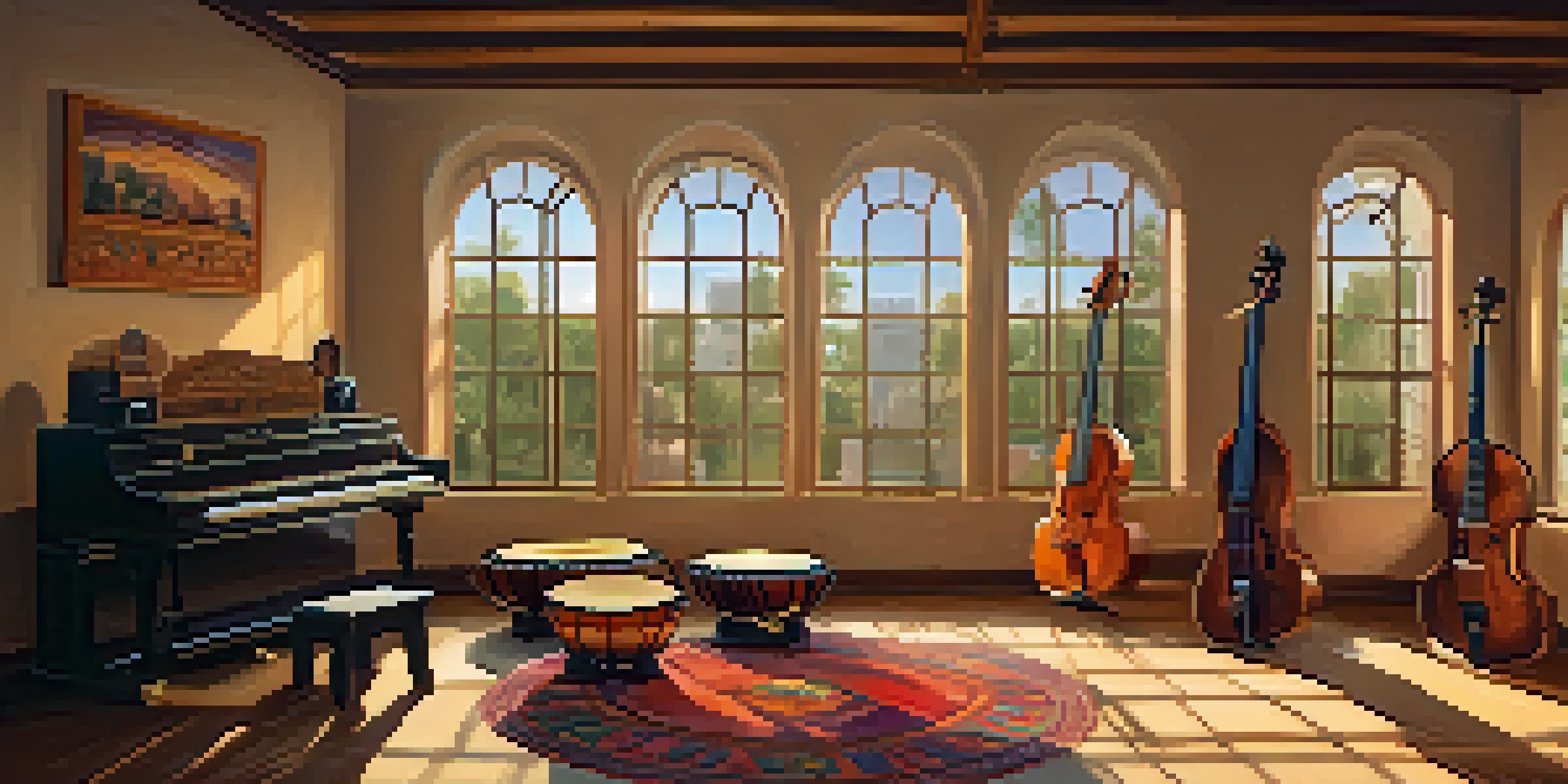 A colorful music studio displaying traditional instruments from different cultures, illuminated by soft lighting.