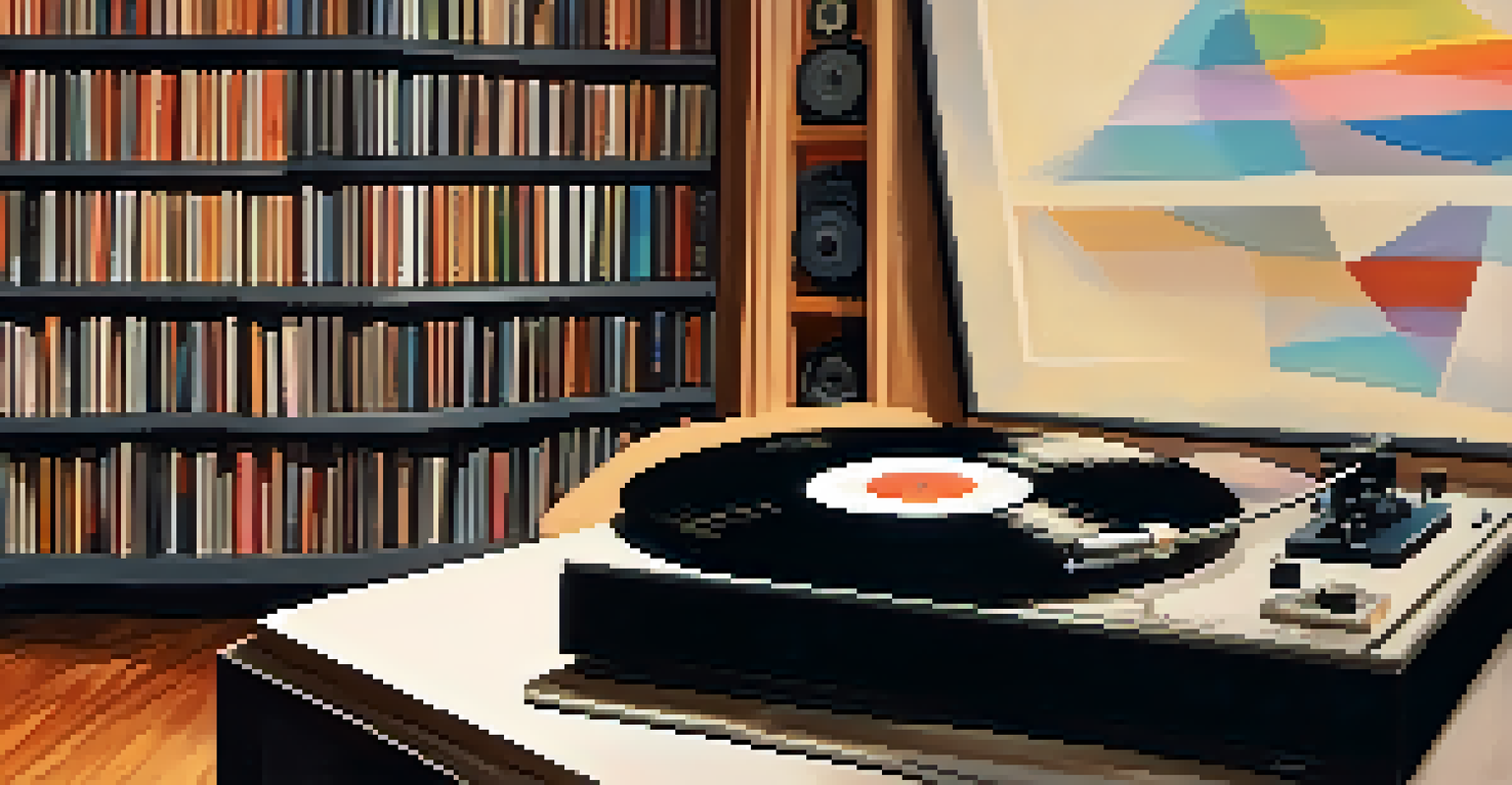 A close-up of a spinning vinyl record on a turntable, with a hand adjusting the volume in a cozy room filled with music albums.