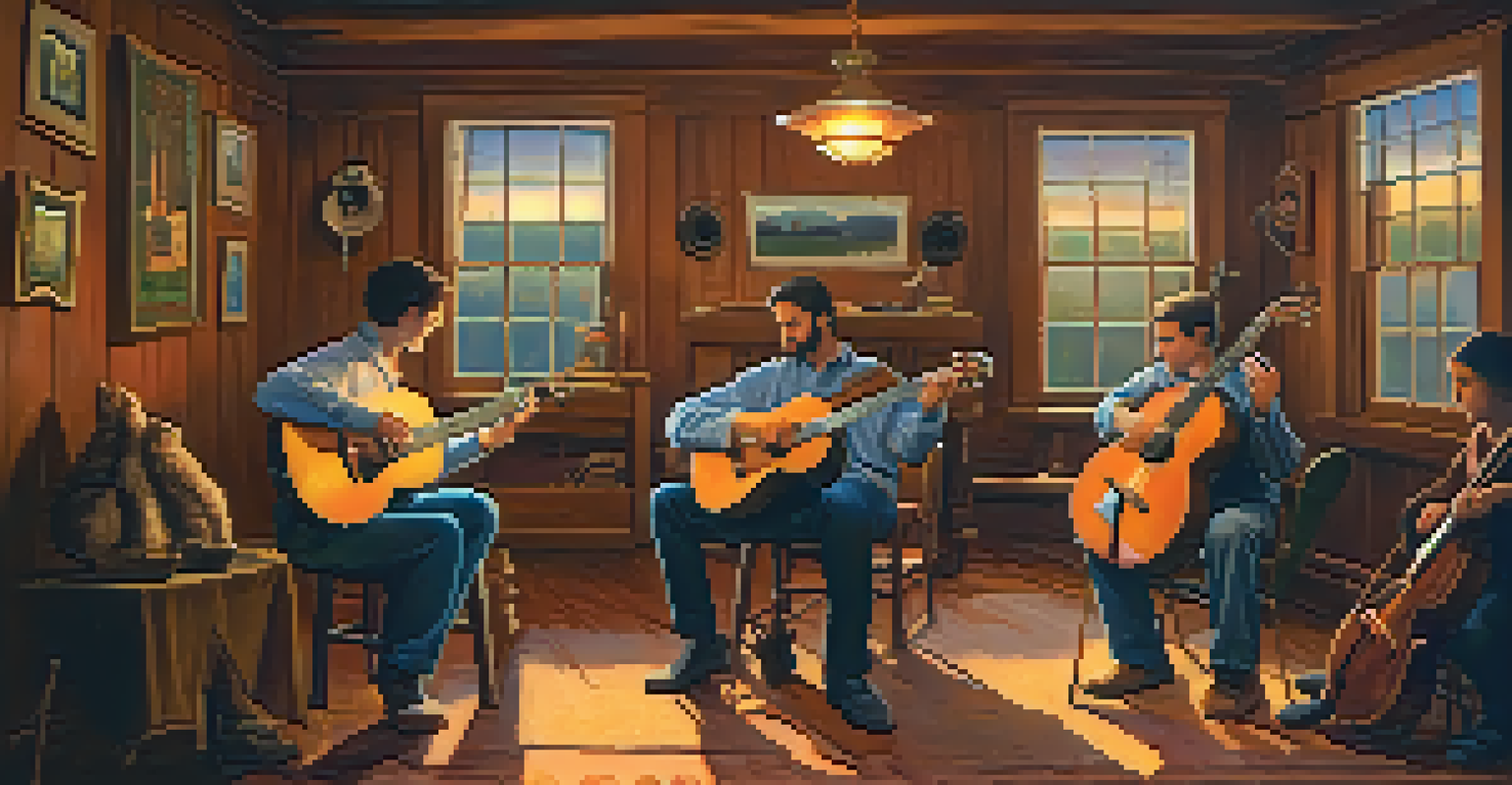 A cozy folk music gathering with musicians playing acoustic instruments in a warmly lit room, surrounded by an engaged audience.