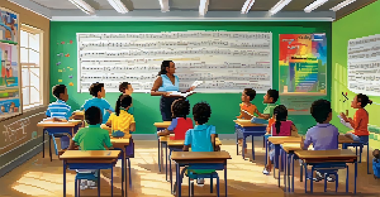 A teacher engaging students in language learning through music in a colorful classroom filled with posters.