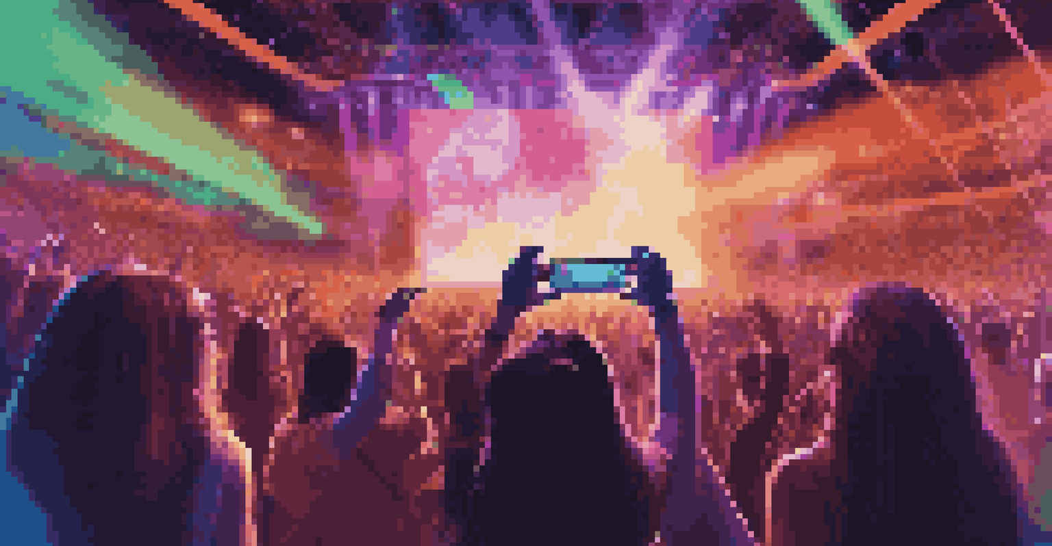 A futuristic concert scene with fans wearing augmented reality glasses, experiencing enhanced visual effects during a performance.