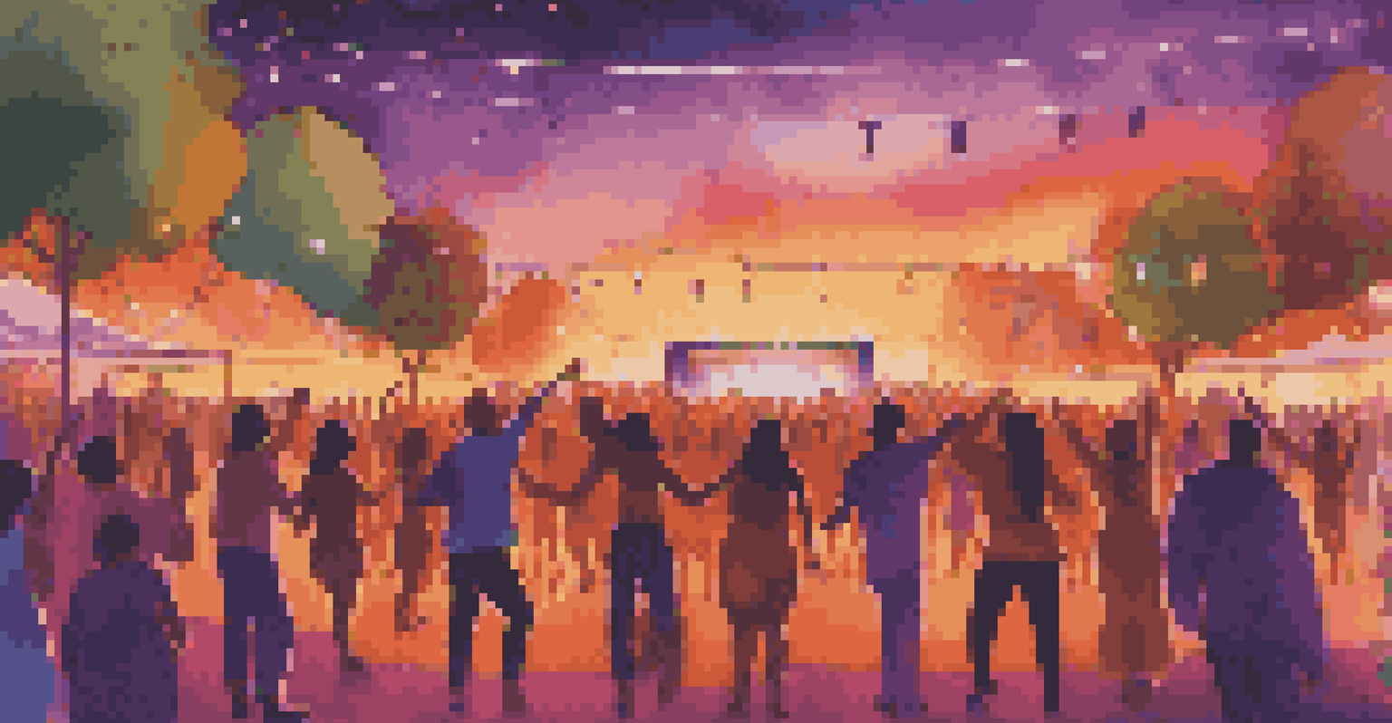 A lively outdoor music festival during sunset with a crowd enjoying performances, colorful lights, and friends dancing.