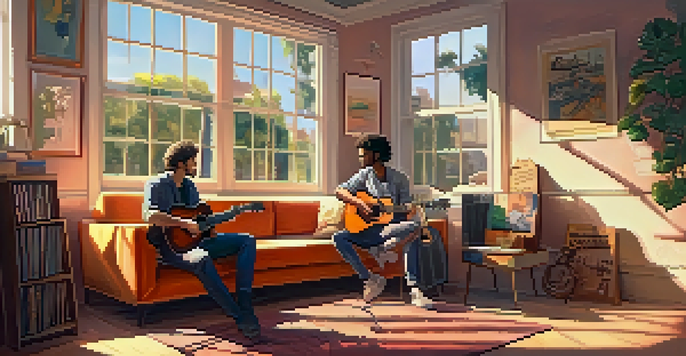 Two musicians collaborating in a sunlit room, discussing lyrics with instruments around them and a colorful mood board on the wall.